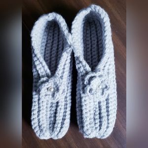 Handmade Silver/Gray Crochet Slippers with Faux Pearl/Flower Accents